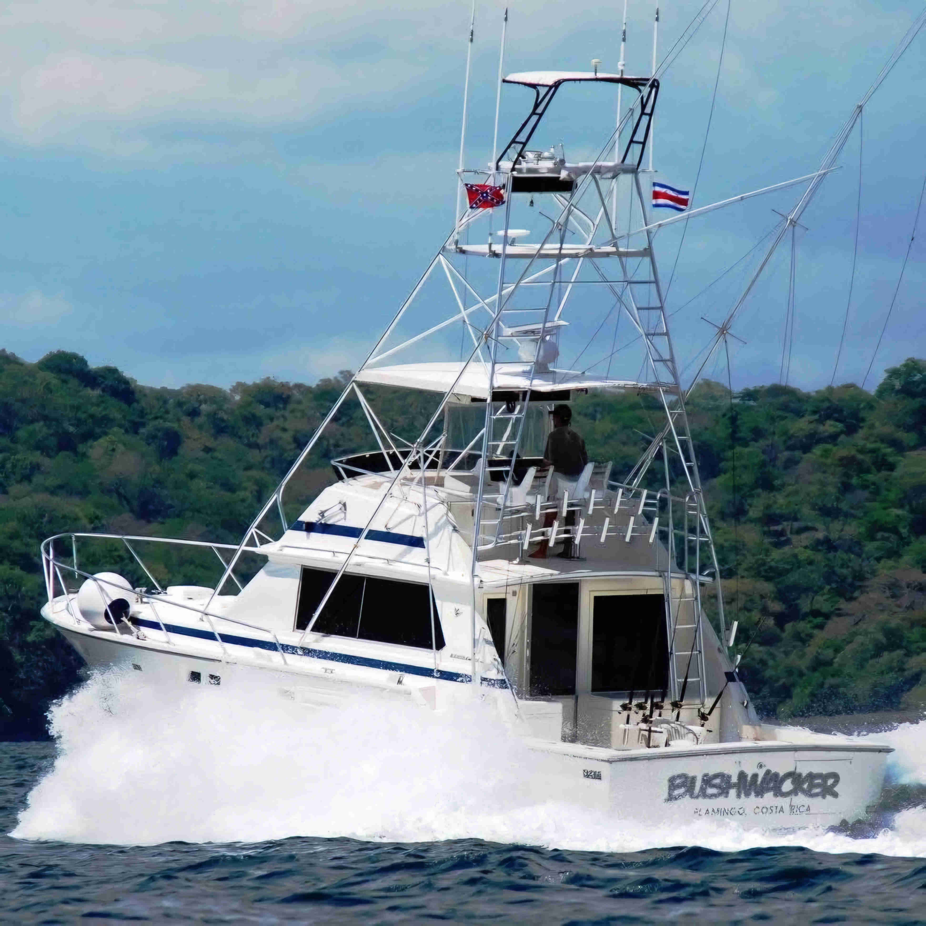 42 foot Bertram Bushwacker boat heading out on a fishing trip