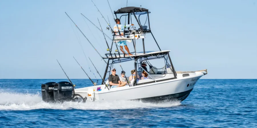 Sport fishing charter boat leaving Playa Flamingo Costa Rica deep sea fishing trip